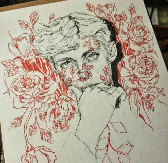 Homme avec projecteur sur le visage fleurs roses photo de dessin crayon, dessin noir et blanc art a reproduire
