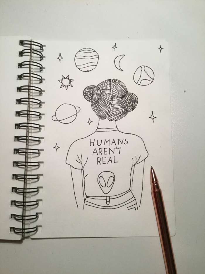 Les humains ne sont pas réels, idée dessin de fille hipster dessin facile a reproduire, dessin en perspective cool idée