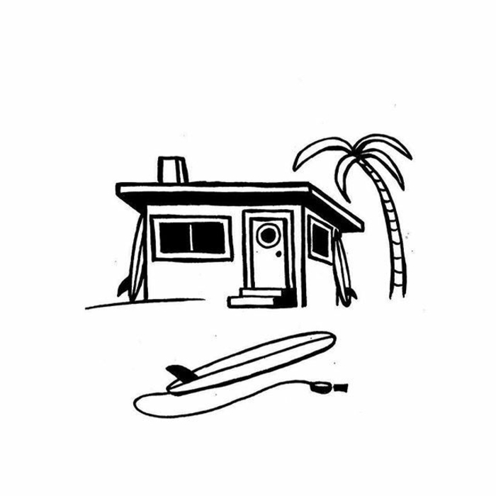Caban surf noir et blanc dessin simple ile avec plage palme et surf dessin paysage, dessin en perspective, beau dessin a faire 