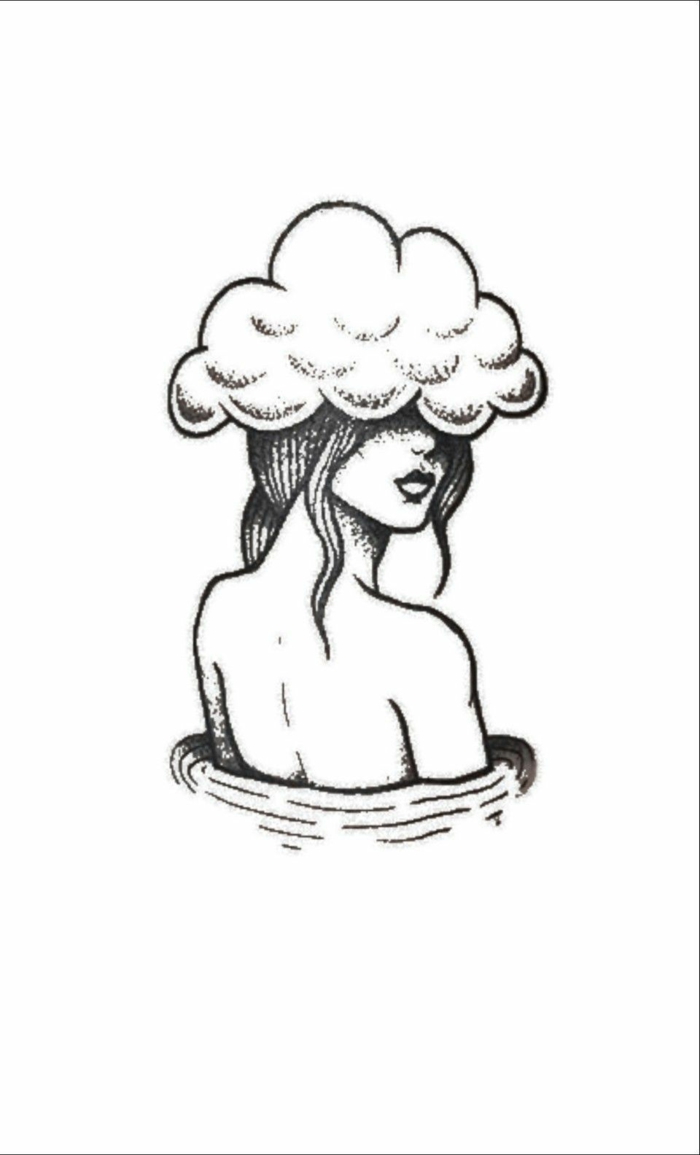 Femme dessin nuage sur la tete dessin en perspective, dessin facile a faire etape par etape