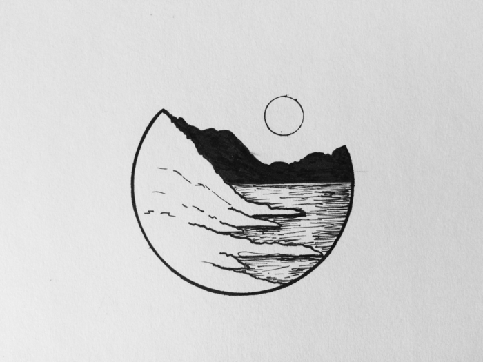 Idée dessin au crayon paysage mer et montagne, comment faire un dessin crayon facile et rapide