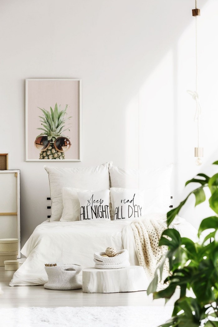 décoration chambre à coucher adulte photos, design intérieur de style exotique et minimaliste dans une chambre blanche 