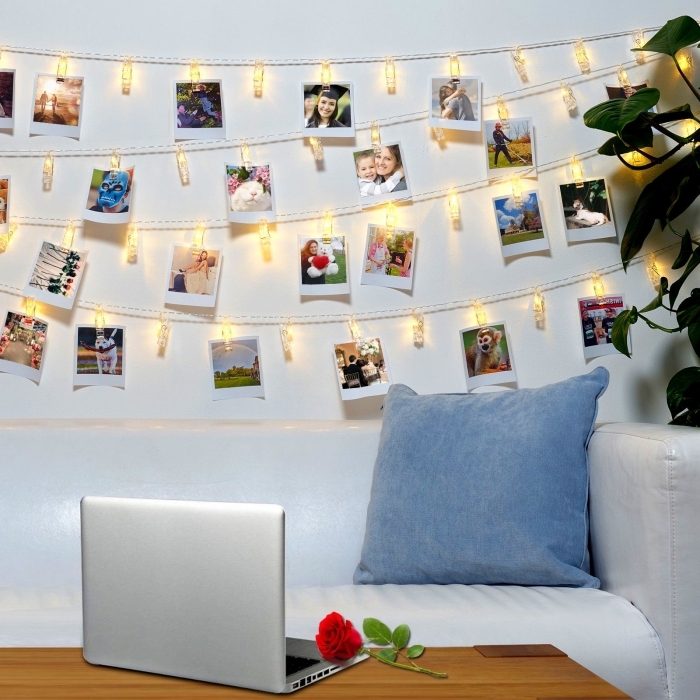 exemple comment personnaliser les murs chez soi avec une guirlande lumineuse photo, déco à faire avec chaîne led et photos
