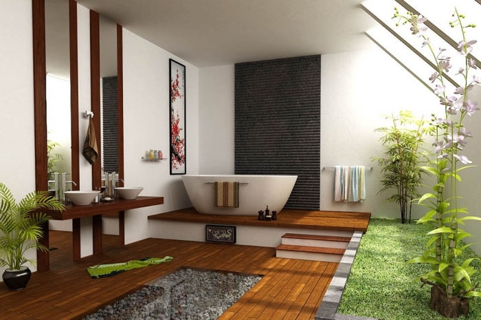 décoration intérieure de style asiatique, quelles couleur pour décorer une salle de bain nature en blanc et bois avec accents verts