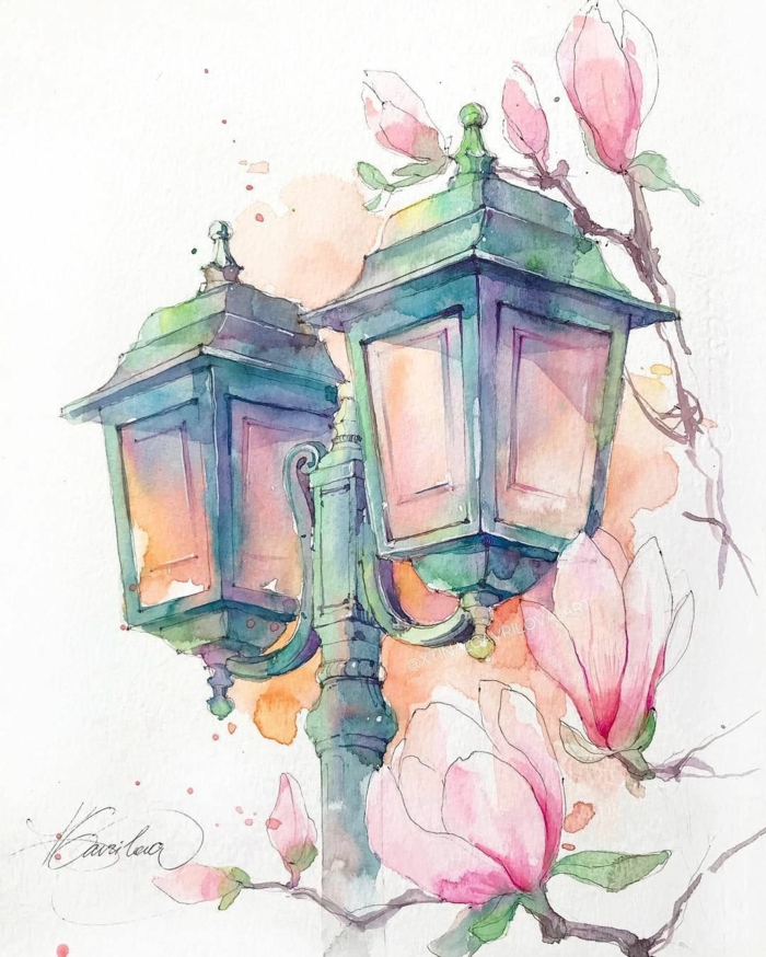 Beau dessin aquarelle fleurs magnolia fleurie dans la ville, dessin yeux, idée dessin facile a reproduire beauté du monde 