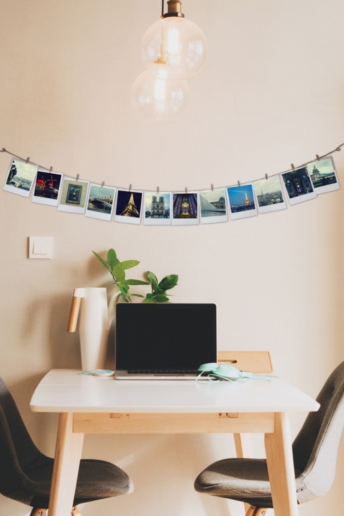 comment décorer son bureau à domicile, exemple de guirlande photo facile à faire avec photos imprimées et pinces bois