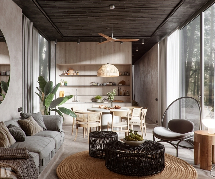 design intérieur moderne en couleurs neutres avec accents en bois, décoration de salon gris et beige avec tapis rotin