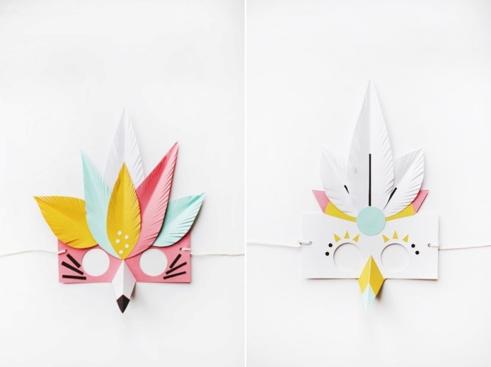 activité manuelle primaire, comment faire des masques de carnaval en forme tête d'oiseaux avec papier coloré et colle