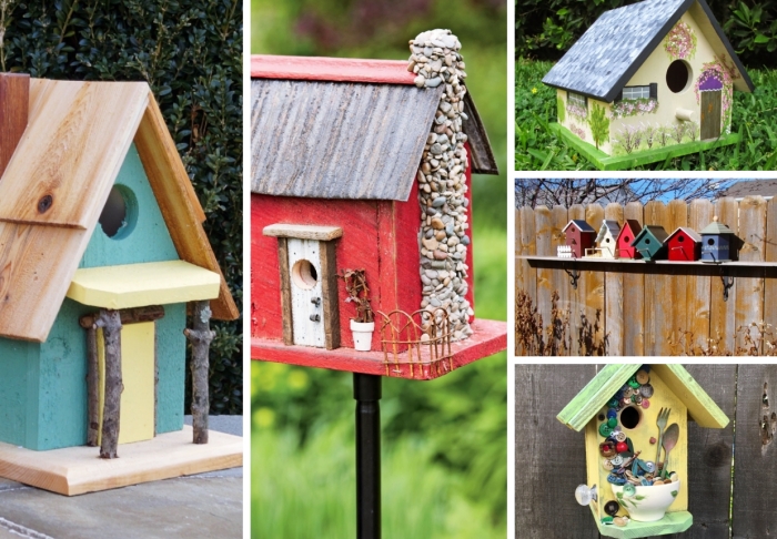 modèles de DIY mangeoire pour oiseaux fabriquée avec planches de bois, exemple de maison rouge sur pied noir pour jardin