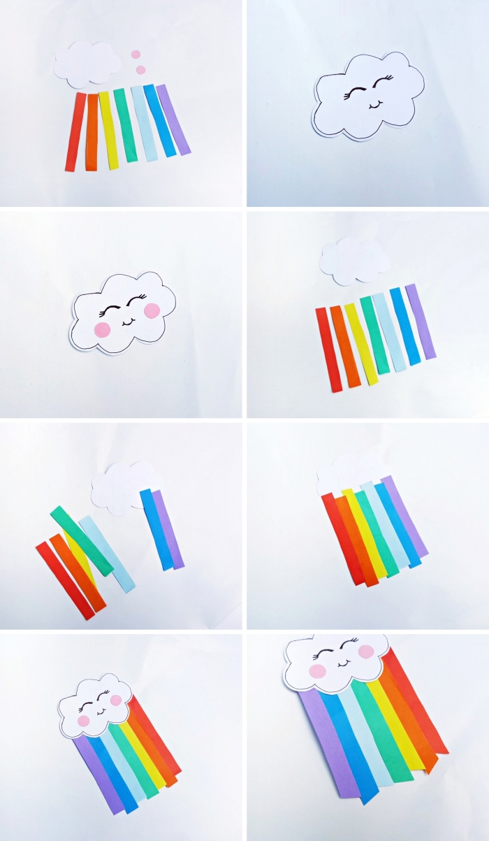 étapes à suivre pour créer forme de nuage et arc-en-ciel avec bandes de papier coloré, idée d'activité manuelle enfant