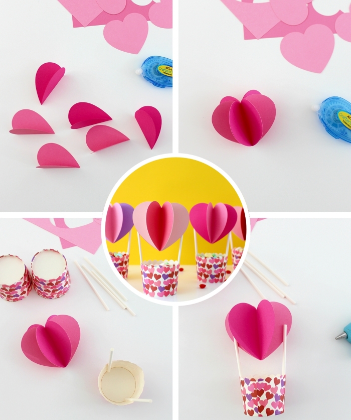 modèle de ballon à gaz en papier scrapbooking avec décoration en petits cœurs, idée d'activité manuelle enfant facile
