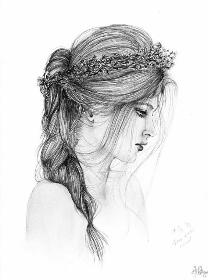 Portrait de belle fille cheveux longs dessin noir et blanc triste, dessin fille triste, dessin facile a faire pour débutant