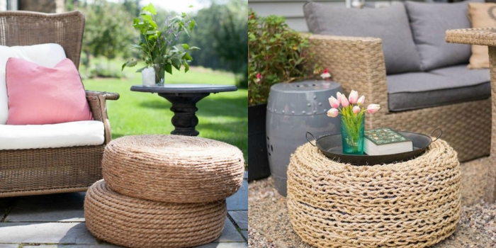déco jardin recup facile à faire, modèles d'ottoman DIY en pneu couvert de corde, design extérieur avec meubles fait maison