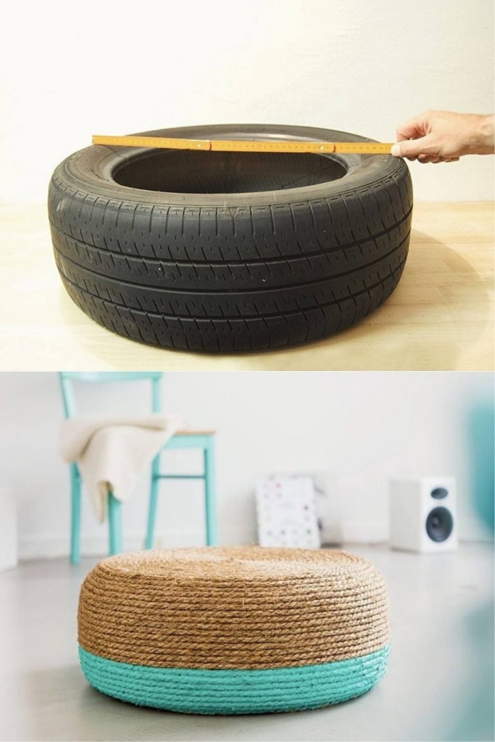 modèle d'ottoman tendance facile à faire soi-même avec pneu et corde, tutoriel de recyclage caoutchouc facile et économique