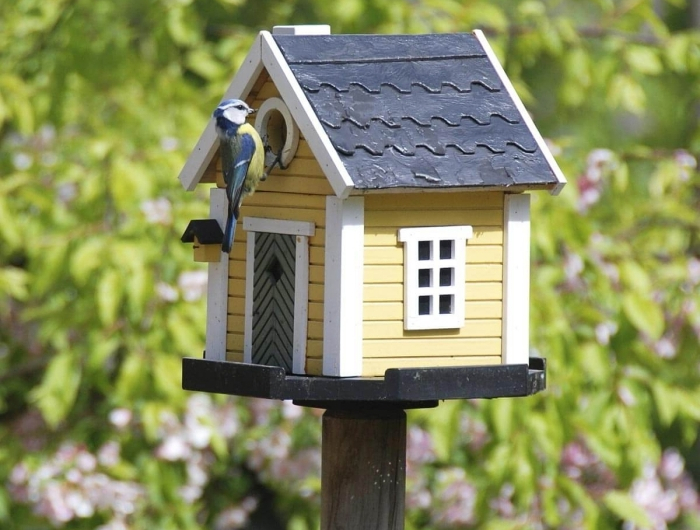 bricolage printemps activité manuelle avec bois mangeoire oiseaux sur pied toit gris façade maison panneaux jaunes
