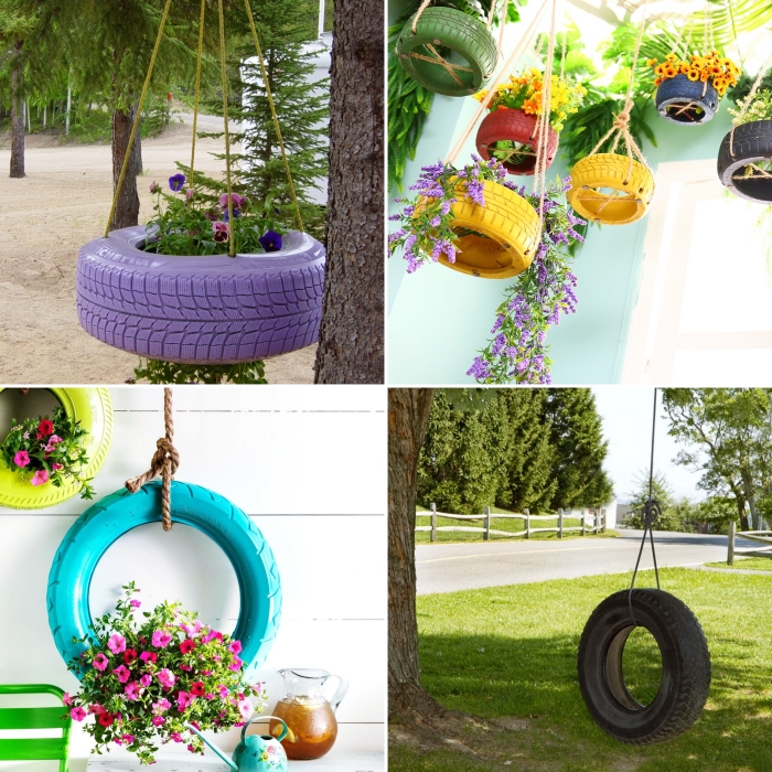 idée déco recup facile à faire avec pneus recyclés, modèle de jardinière suspendue en pneu peint en violet avec corde