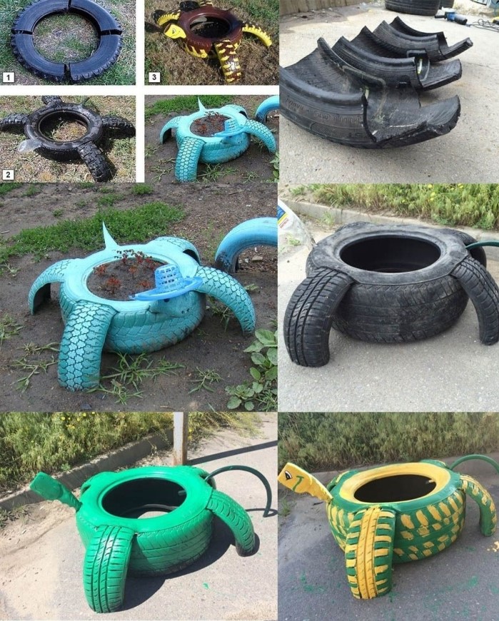 idée aménagement jardin facile, étapes à suivre pour faire une jardinière en forme de tortue avec pneus recyclés et peinture