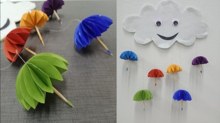 activité enfant 3 ans, diy créations originales en papier scrapbooking, nuage en papier blanc avec parasol en papier coloré