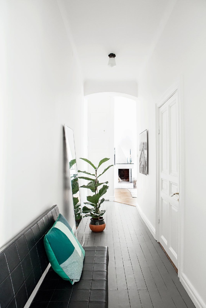 comment peindre un couloir aux multiples portes coussin décoratif nuances de vert déco couloir entrée étroite murs blancs plante verte