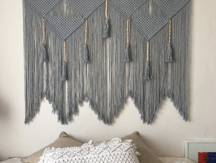 corde cotton gris clair tassels diy suspension murale noeud macramé idee tete de lit à faire style boho chic chambre à coucher