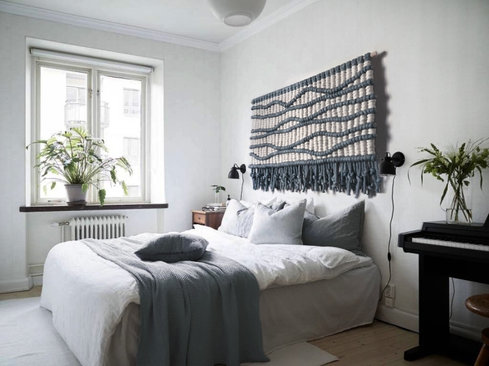 couverture de lit gris plante chambre tete de lit diy en corde gris et beige suspension diy style bohème chic déco chambre à coucher blanc et gris