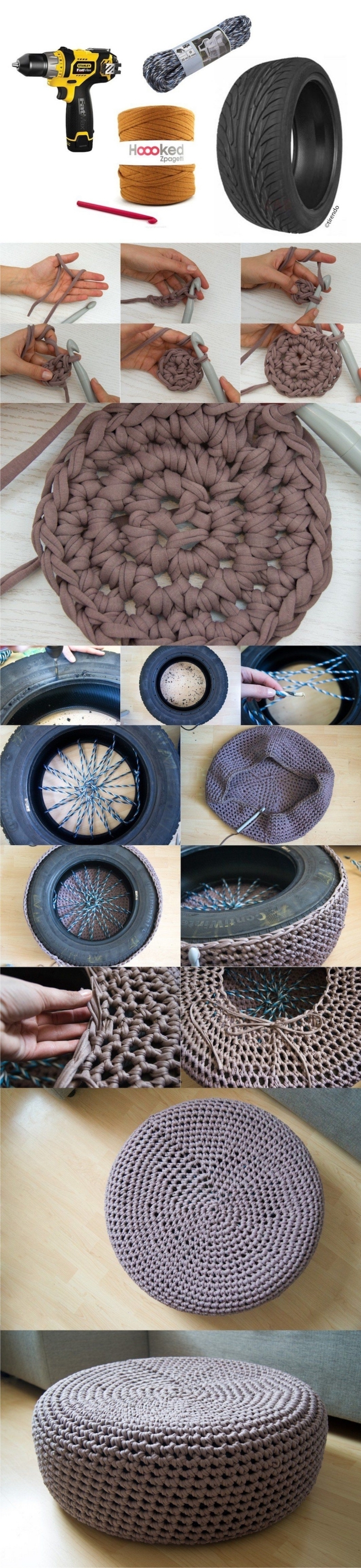 projet créatif facile avec recyclage pneu et technique de crochet, étapes à suivre pour fabriquer un ottoman original en pneu