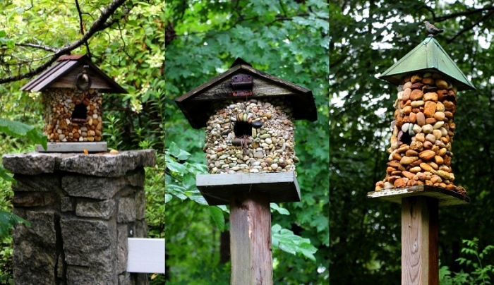 comment décorer une mangeoire oiseaux sur pied avec cailloux ou pierre, modèles de jolies maison en bois pour oiseaux