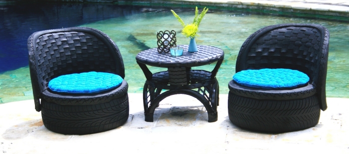 décoration jardin extérieur, diy salon de jardin avec meubles en pneus recyclés, modèles de table et chaises de jardin DIY