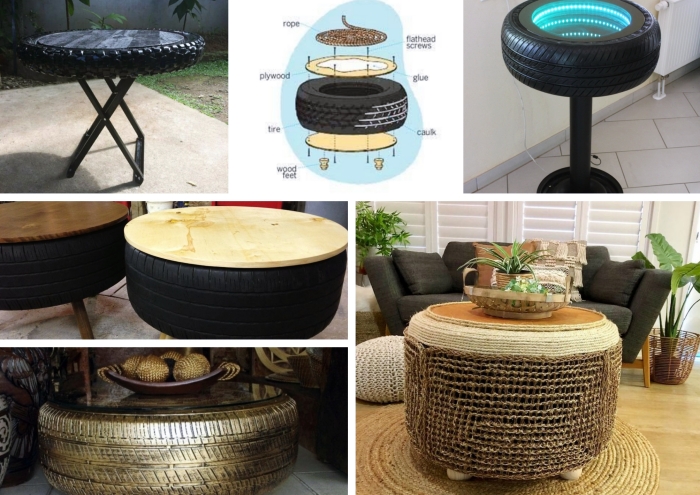 décoration jardin extérieur facile avec matériaux de récupération, modèles de tables basses en pneus recyclés pour jardin ou salon