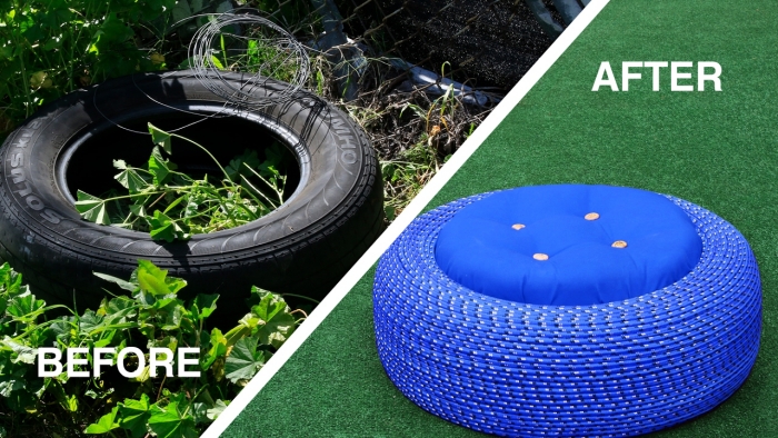 comment décorer son jardin avec des objets recyclés, projet de transformation d'un pneu en ottoman de jardin original