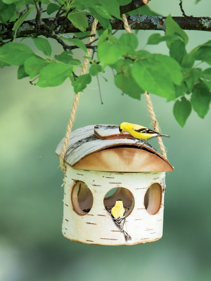 DIY mangeoire pour oiseaux facile à réaliser, modèle de nichoir pour oiseau fabriqué avec morceaux de bois et corde