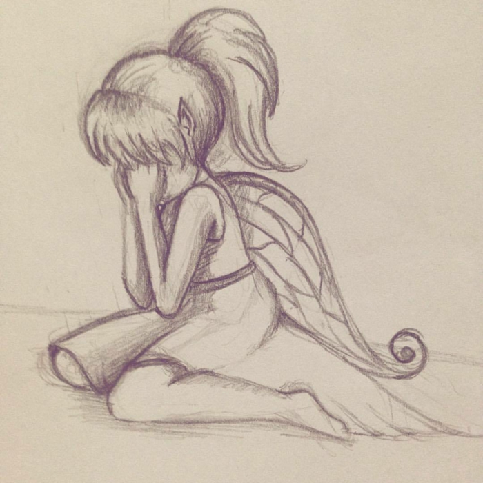 Fée triste personnage triste à dessiner pour se sentir mieux, comment faire un dessin ailes fille robe courte