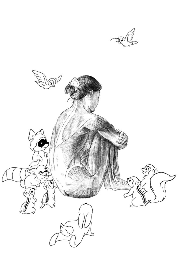 tFille assise dos monde animaux autour triste dessin à reproduire soi-même, originale idée dessin femme triste