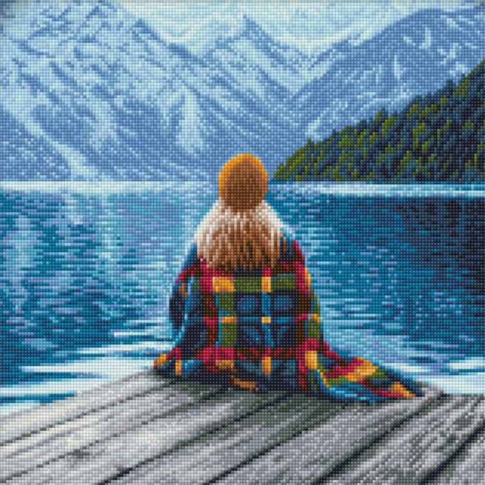 idée de jolie peinture avec perles diamant, paysage naturel et une fille assise au bord d'un lac devant les montagnes comme broderie diamant