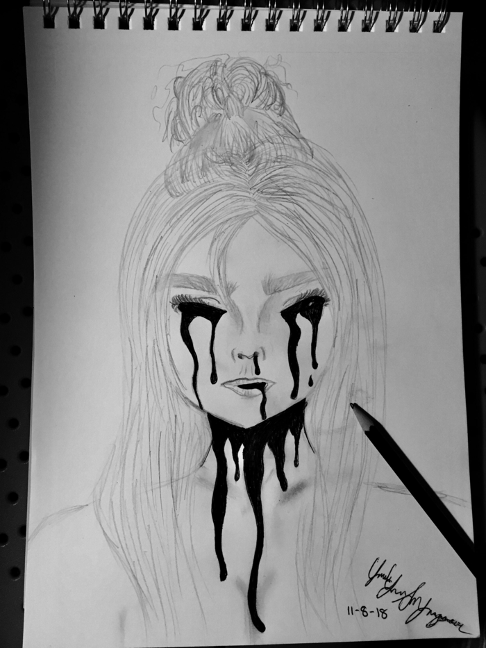 Portrait de femme cheveux longs larmes de sang dessin femme triste, dessin dépression, idée de dessin fille émotions