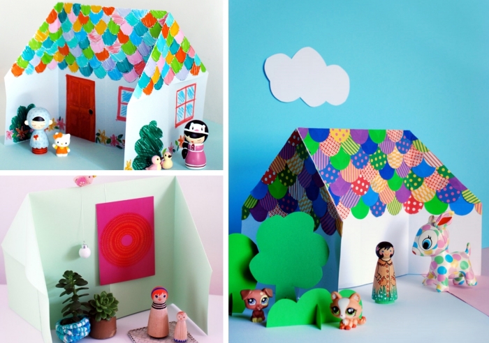 activités manuelles maternelle, modèles de maison en papier coloré à faire soi-même, créations en papier scrapbooking
