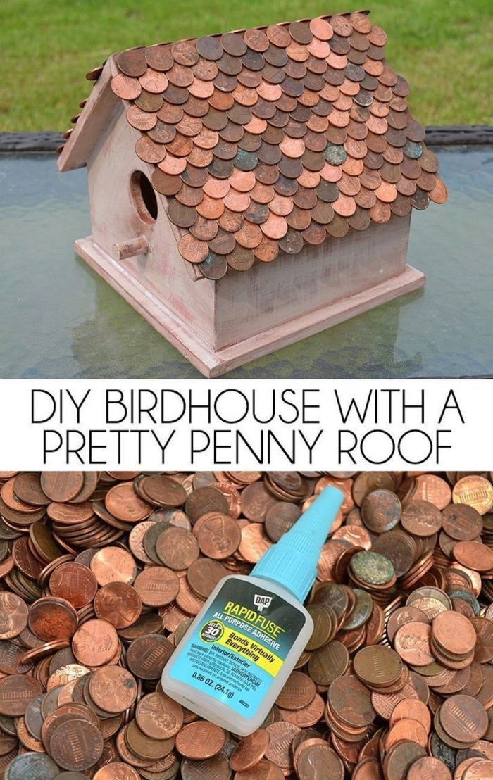 idée originale comment fabriquer une mangeoire pour oiseaux et la décorer avec pièces de cent collées sur le toit