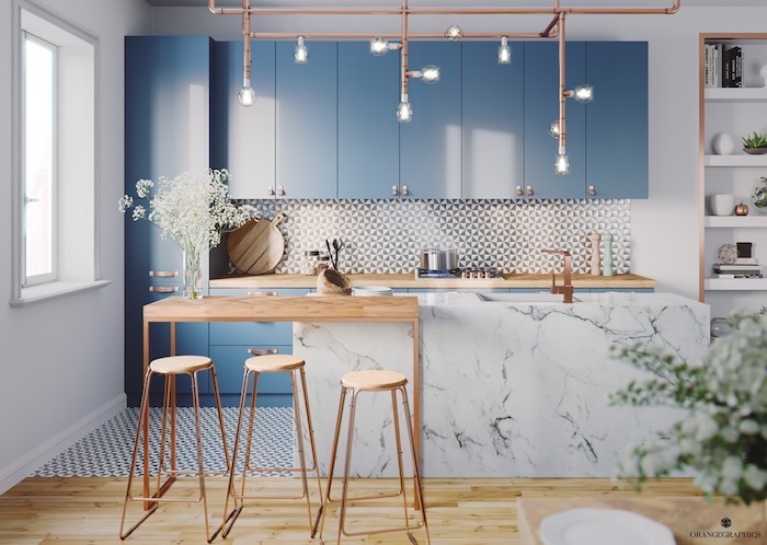 Bleu claire et marbre tendance cuisine 2020, association couleur à faire dans sa maison moderne industriel lustre 