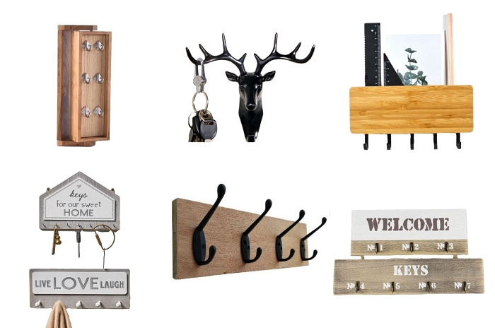 différents modèles d'accroche-clés de style moderne pour organiser ses clés, porte-clé mural en bois et métal avec rangement