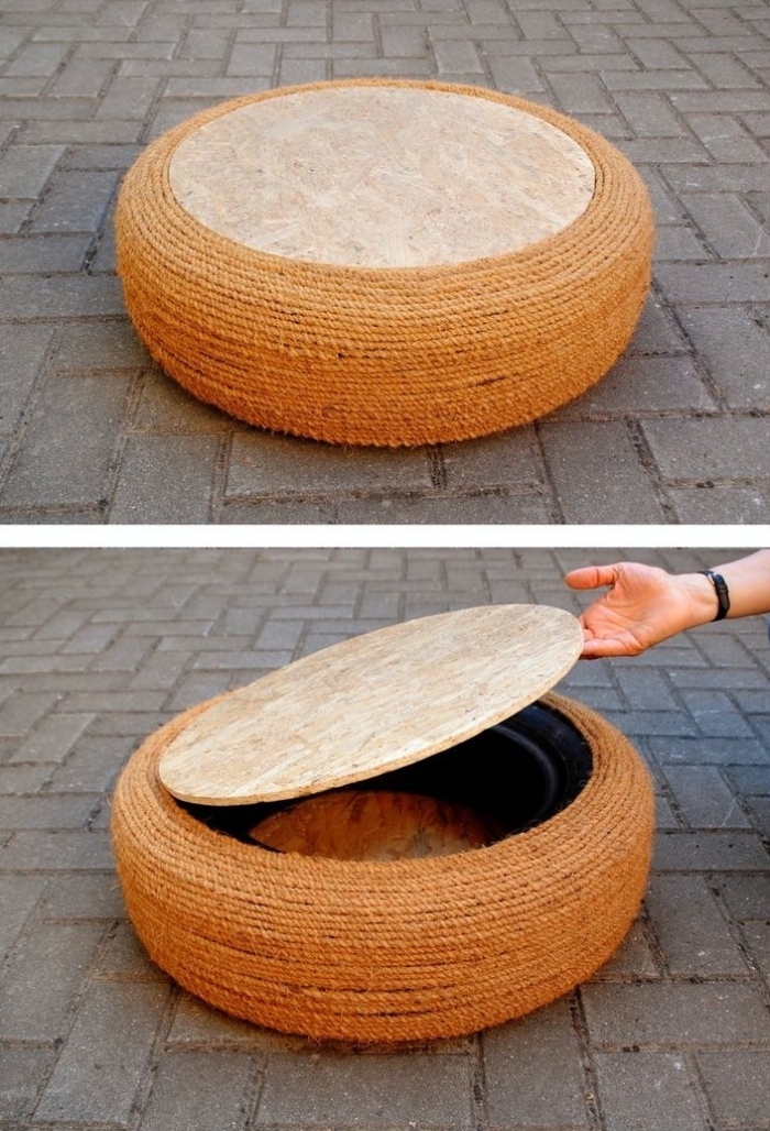 comment faire une déco pneu recyclé facile, modèle de tabouret en pneu décoré de corde avec couvercle pour rangement