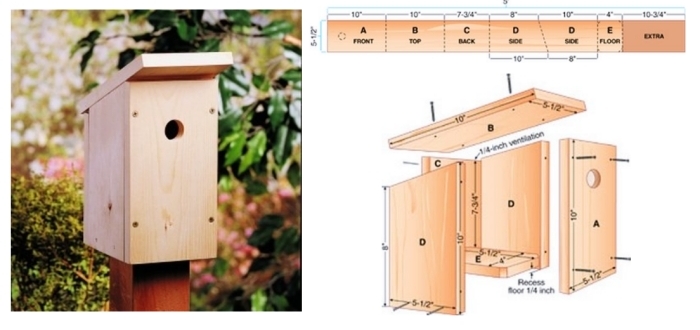 schéma avec dimensions et illustration pour l'assemblage des planches nécessaires pour la construction d'une mangeoire oiseaux sur pied