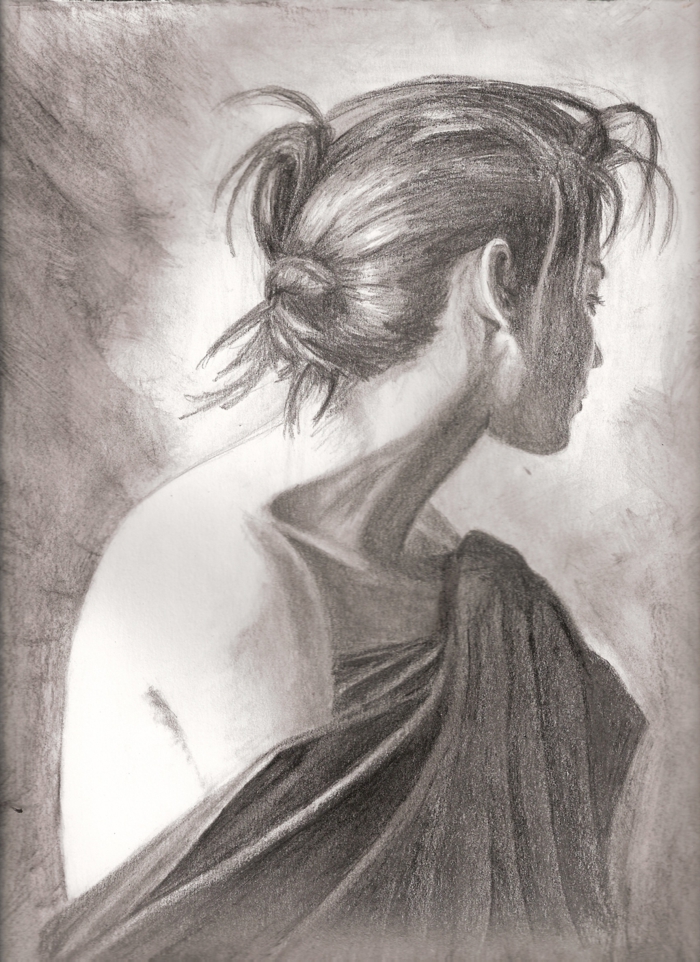 Cheveux en chignon femme triste dessin à reproduire soi-même, originale idée dessin femme triste