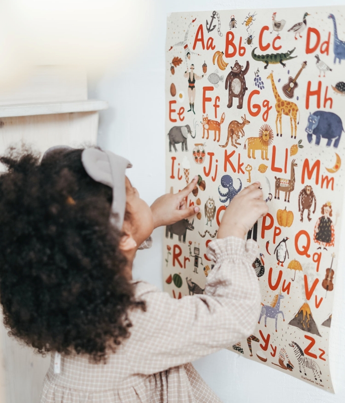 modèle d'affiche originale avec dessins d'animaux et lettres alphabets pour personnaliser les murs dans une chambre enfant