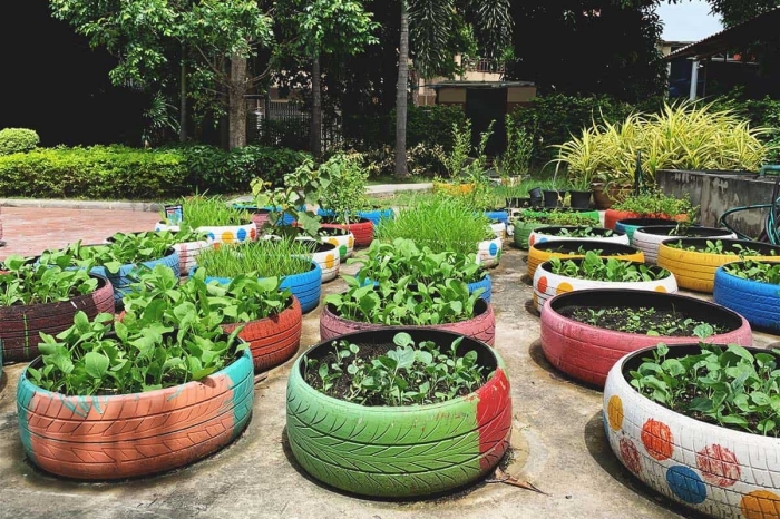 décoration jardin avec pneu, exemples comment faire un petit jardin avec plantes dans jardinières en matériaux récyclés
