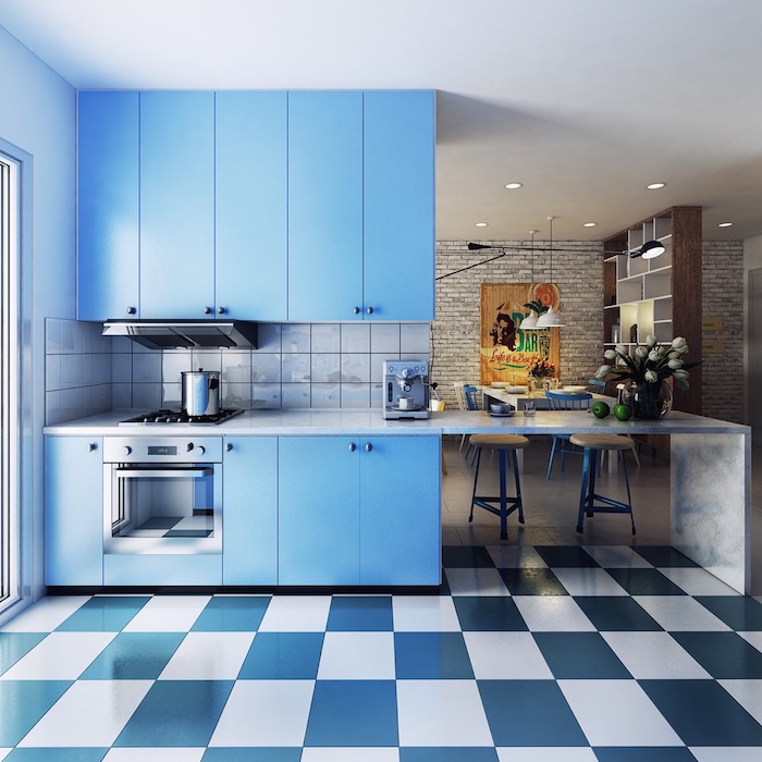 Bleu et blanc couleur peinture cuisine, couleur qui vont bien ensemble mur bicolore moderne