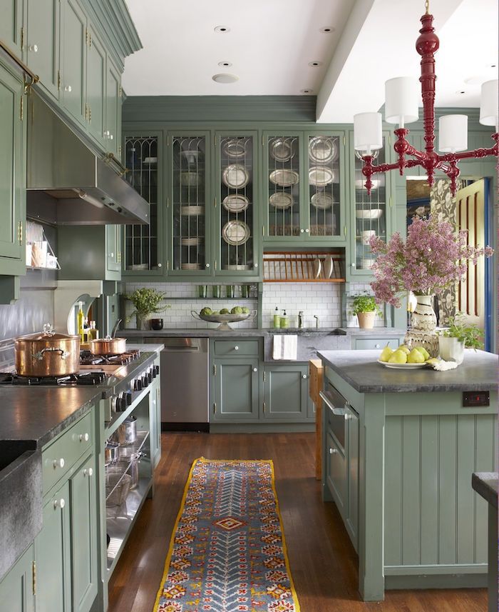Vert vintage cuisine, tapis oriental couleur cuisine moderne, déco idée couleur mur cuisine intérieur