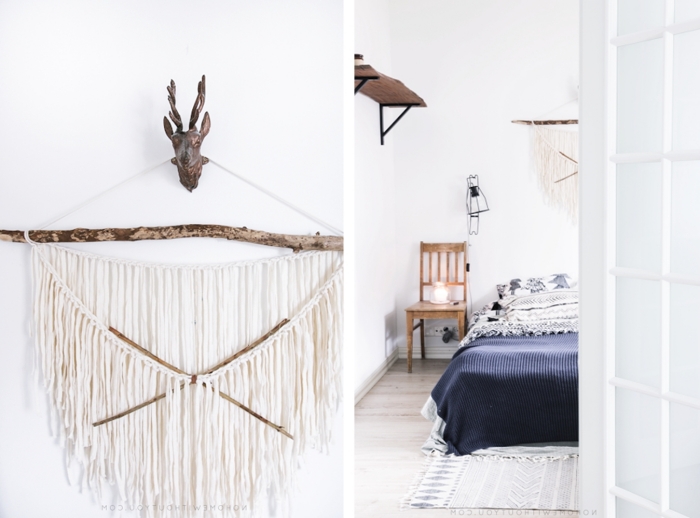 style minimaliste décor bohème moderne chambre à coucher chaise bois diy tete de lit bois flotté corde cotton macramé tapis franges
