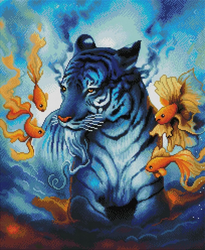 Tigre mythique en bleu avec poissons autour, originale idée activité manuelle adulte, beau tableau a faire