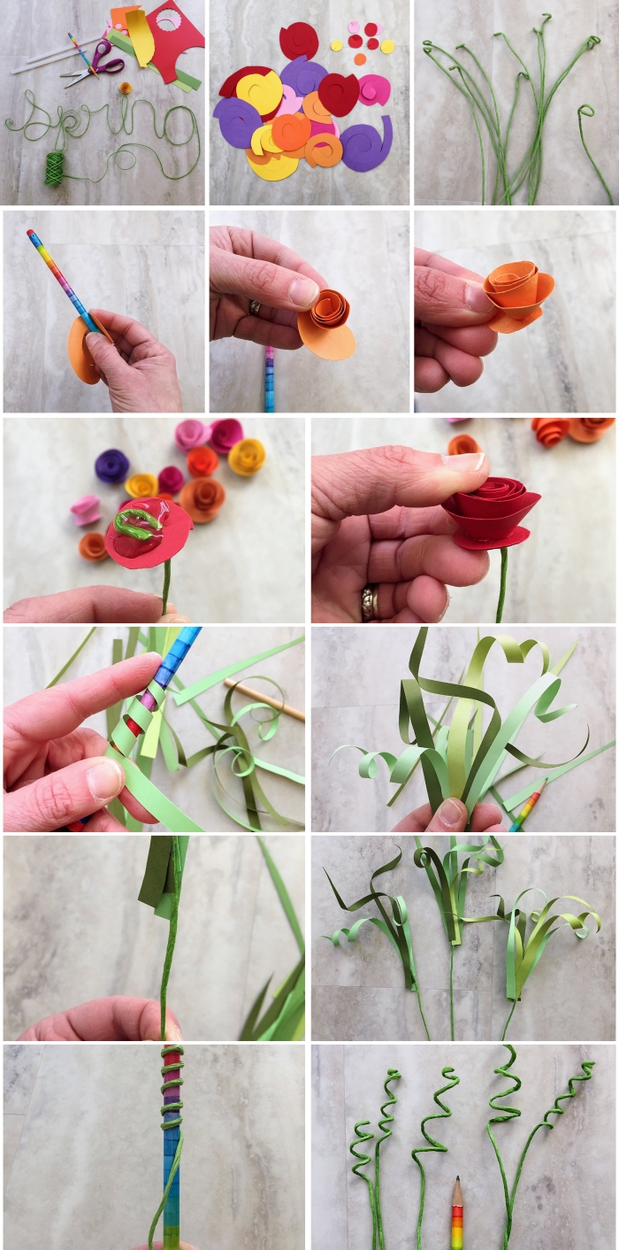 activité manuelle adulte, étapes à suivre pour réaliser un bouquet de roses en papier, diy bouquet avec fleurs en papier