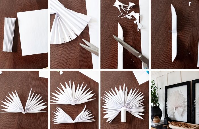 activité manuelle facile et rapide, étapes à suivre pour bricoler un cadre décoratif avec tableau en forme de paon blanc en papier